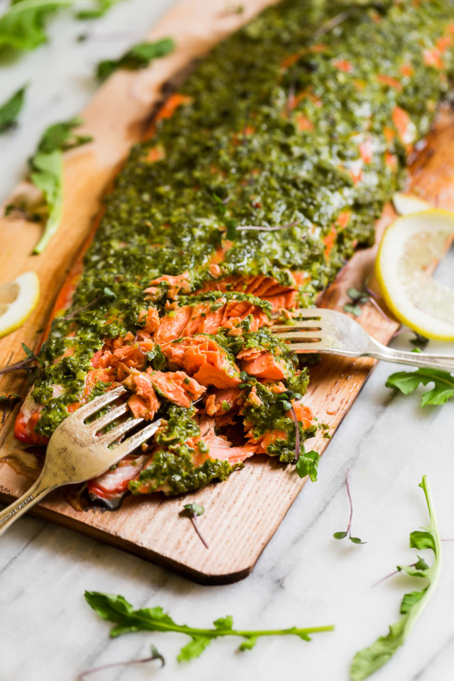 Cedar-Plank-Grilled-Salmon-with-Mixed-Herb-Chimich