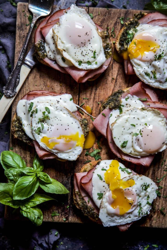 Open-Faced-Ham-Pesto-Melt-with-Fried-Egg-www.climb