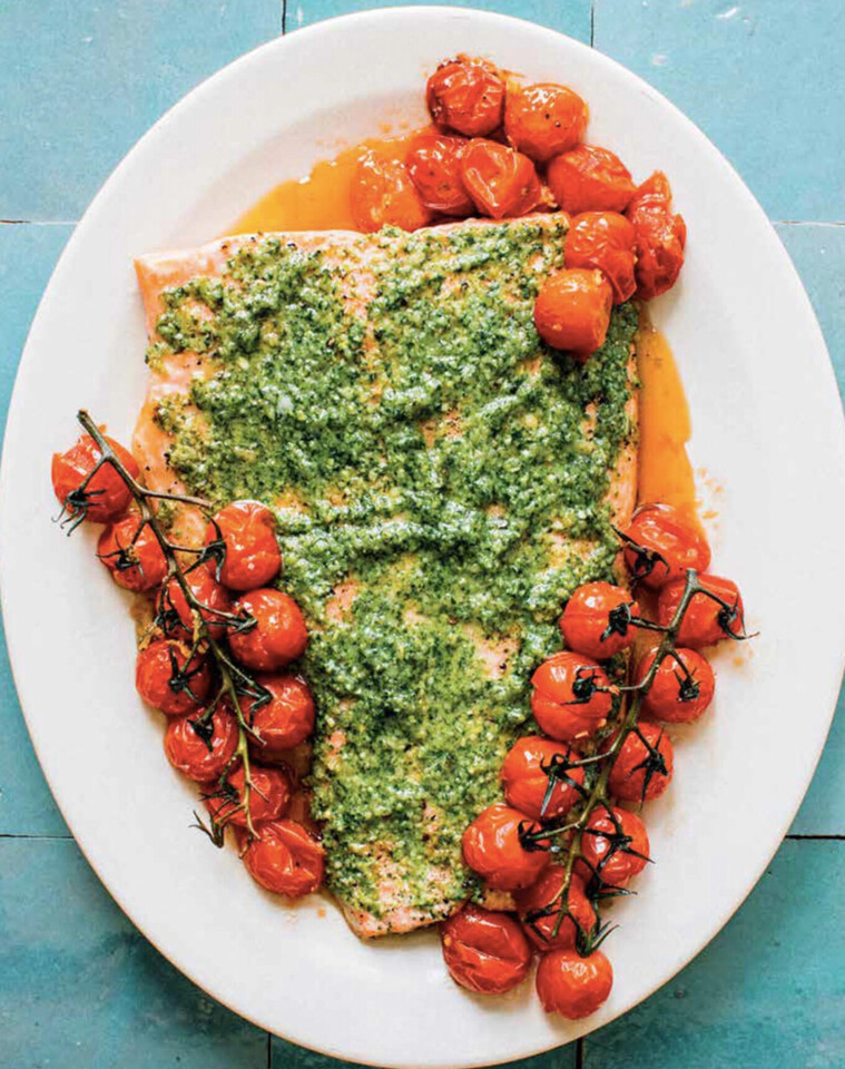 basil-recipes-salmon-with-pesto-and-blistered-toma