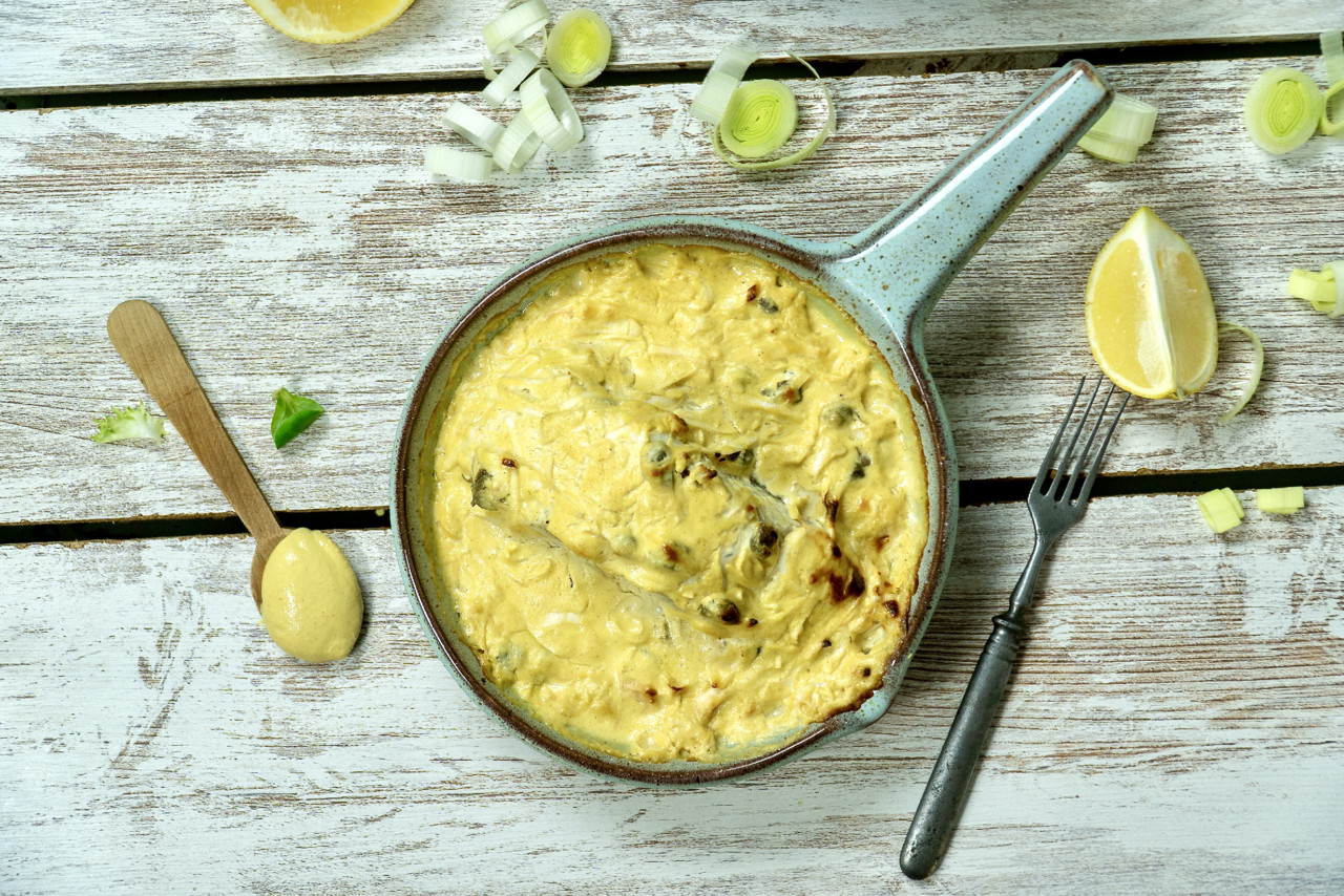 lombos de bacalhau com molho de mostarda e creme fraîche