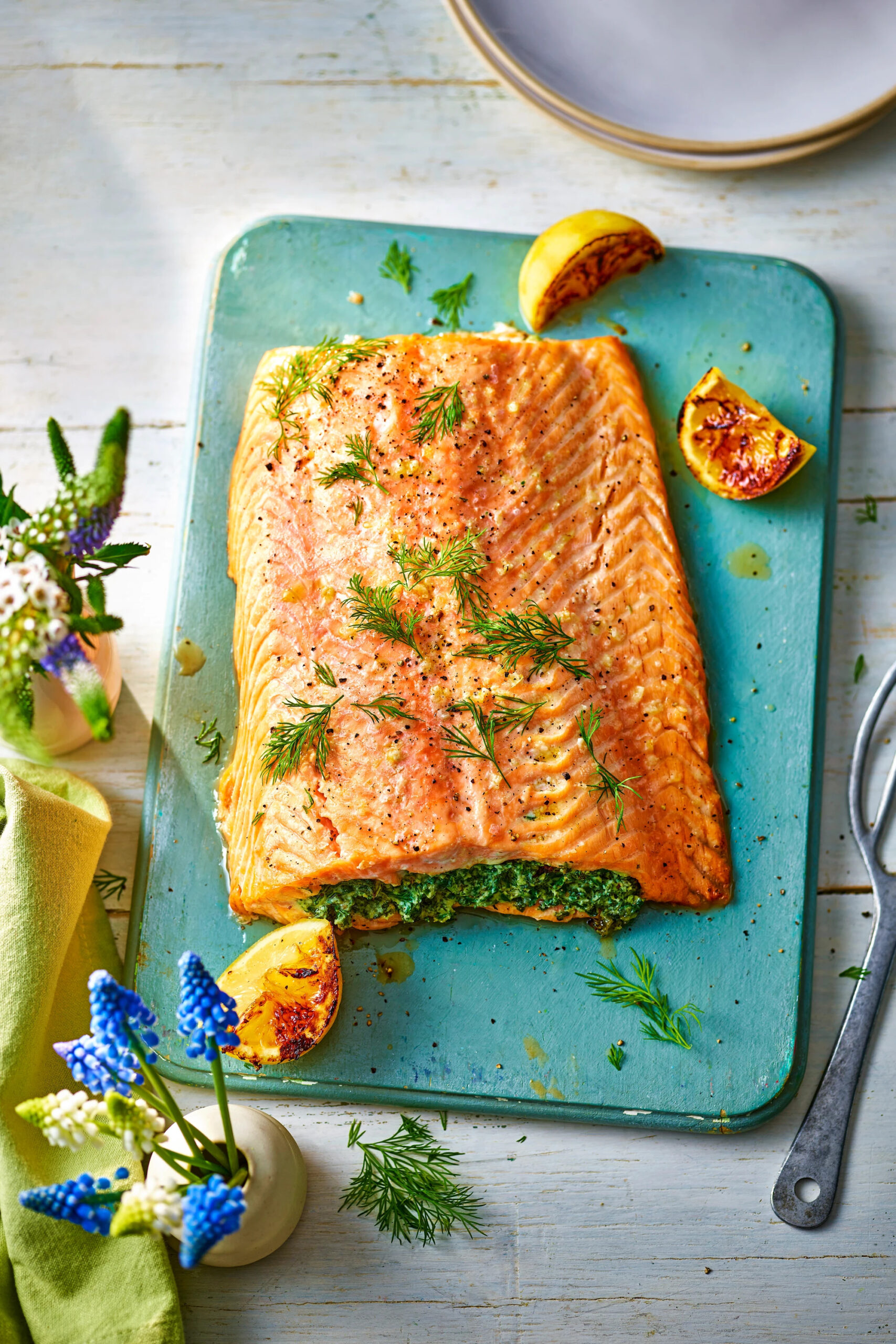 stuffed salmon side with creamy spinach